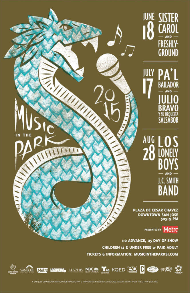 Music in the Park 2015 poster, designed by Kara Brown. Performers included Sister Carol.